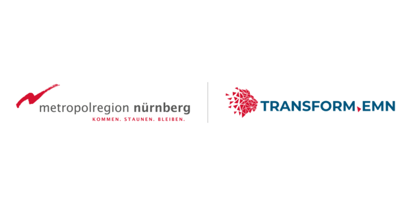 Eine Logo-Kombination aus de Logo der Metroplregion. Roter Blitz mit dem Zusatz "Kommen", "Staunen", "Bleiben und dem transform.EMN Logo in dem Schriftzug mit einem Löwenkopf.