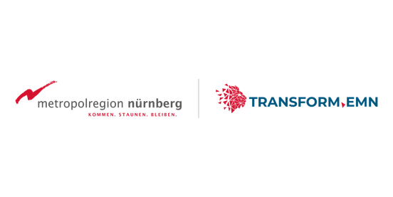 Eine Logo-Kombination aus de Logo der Metroplregion. Roter Blitz mit dem Zusatz "Kommen", "Staunen", "Bleiben und dem transform.EMN Logo in dem Schriftzug mit einem Löwenkopf.